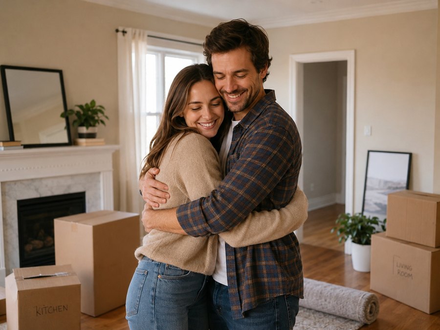 A couple hugging in their living room with moving boxes around them